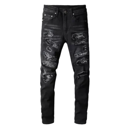 Black streetwear jeans with printed patchwork