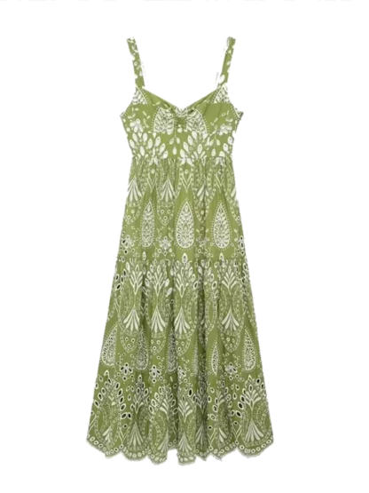 Chic embroidery hollow out dress in green