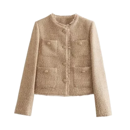 Cropped tweed fashion jacket in khaki