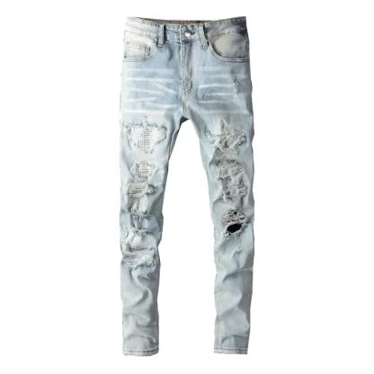 Light blue jeans with crystal holes ripped