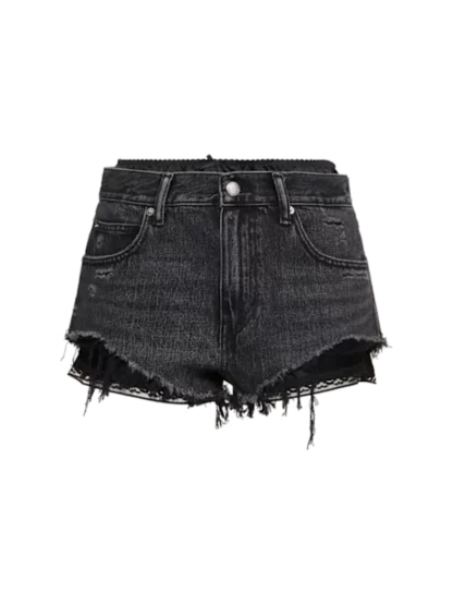 Frayed denim shorts w/ silk boxers