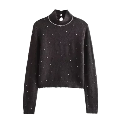 Long sleeve sweater with faux pearls attached